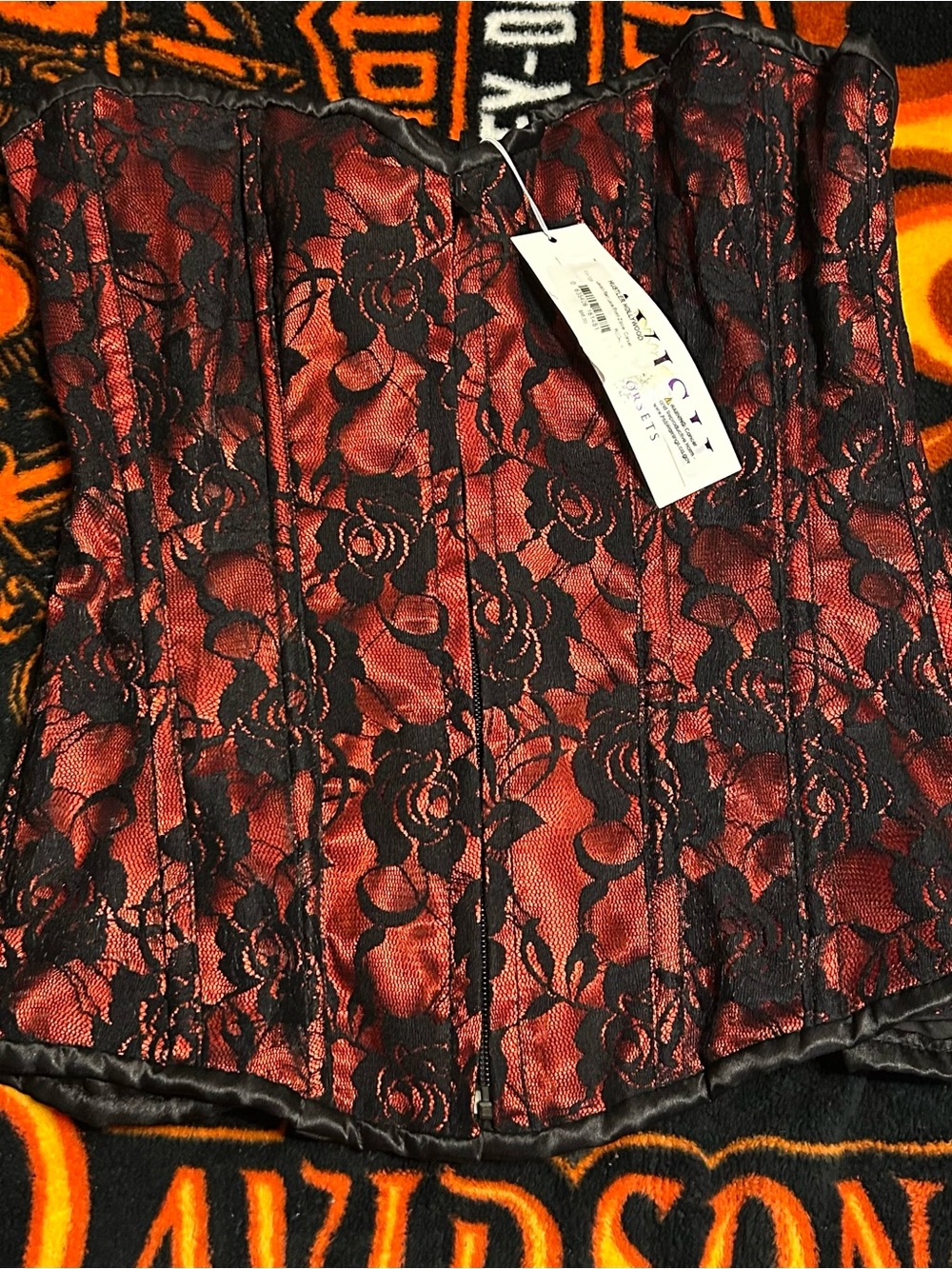 Daisy Corsets Red Satin Corset Top with Black Lace Overlay